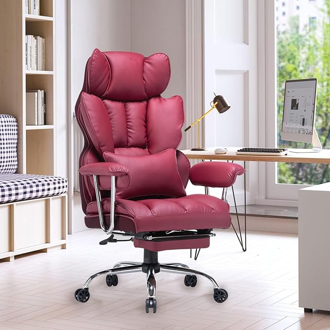 Efomao Desk Office Chair,Big High Back Chair,PU Leather Office Chair, Computer Chair,Executive Office Chair, Swivel Chair with Leg Rest and Lumbar Support,Burgundy Office Chair