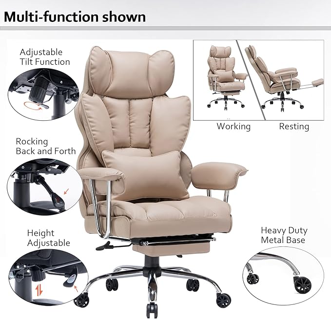 Efomao Desk Office Chair,Big High Back Chair,PU Leather Office Chair, Computer Chair,Executive Office Chair, Swivel Chair with Leg Rest and Lumbar Support,Dark Beige Office Chair