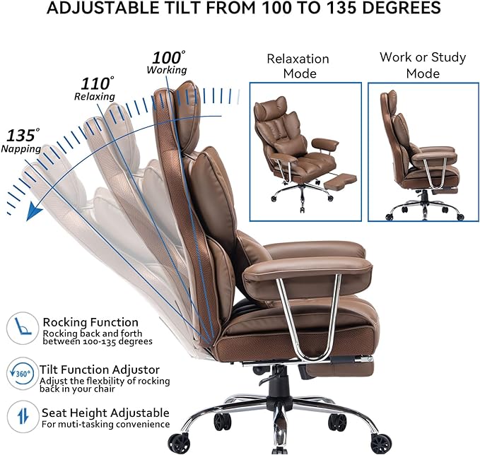 Efomao Desk Office Chair,High Back Office Chair,PU Leather Office Chair, Executive Office Chair, Reclining Office Chair,Swivel Brown Office Chair with Lumbar Support and Leg Rest