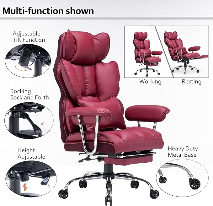 Efomao Desk Office Chair,Big High Back Chair,PU Leather Office Chair, Computer Chair,Executive Office Chair, Swivel Chair with Leg Rest and Lumbar Support,Burgundy Office Chair