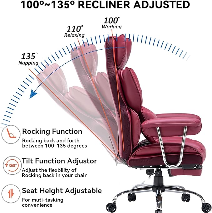 Efomao Desk Office Chair,Big High Back Chair,PU Leather Office Chair, Computer Chair,Executive Office Chair, Swivel Chair with Leg Rest and Lumbar Support,Burgundy Office Chair