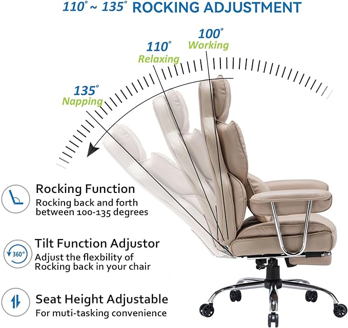 Efomao Desk Office Chair,Big High Back Chair,PU Leather Office Chair, Computer Chair,Executive Office Chair, Swivel Chair with Leg Rest and Lumbar Support,Dark Beige Office Chair