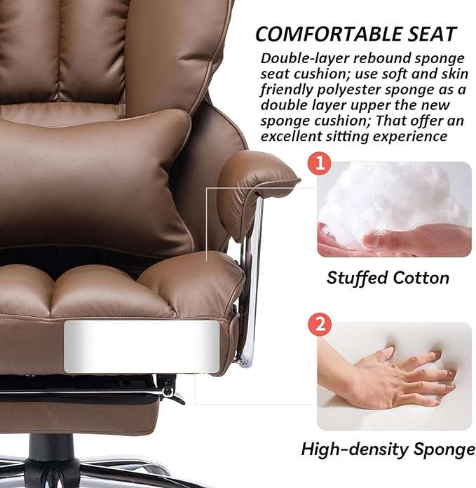 Efomao Desk Office Chair,High Back Office Chair,PU Leather Office Chair, Executive Office Chair, Reclining Office Chair,Swivel Brown Office Chair with Lumbar Support and Leg Rest