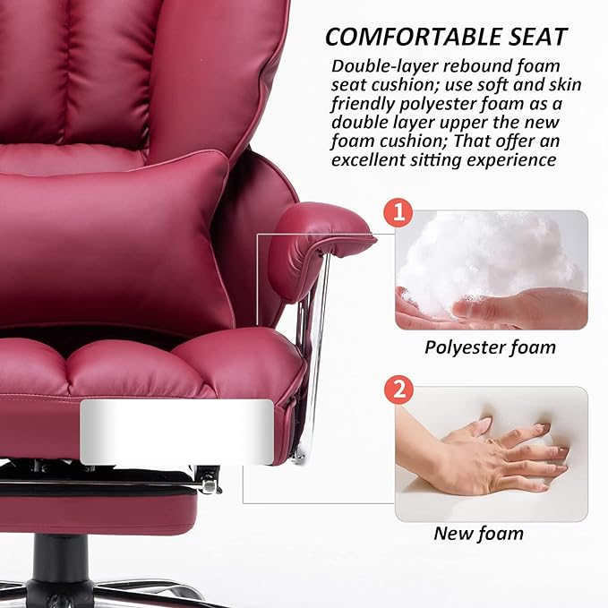 Efomao Desk Office Chair,Big High Back Chair,PU Leather Office Chair, Computer Chair,Executive Office Chair, Swivel Chair with Leg Rest and Lumbar Support,Burgundy Office Chair