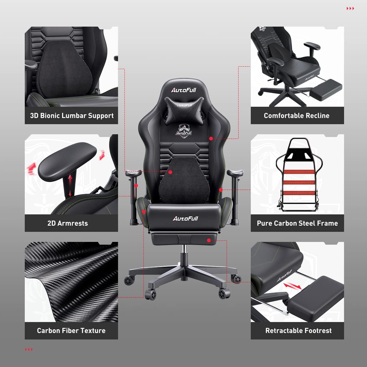 C3 Gaming Chair Office Chair PC Chair with Ergonomics Lumbar Support, Racing Style PU Leather High Back Adjustable Swivel Task Chair with Footrest (Black)
