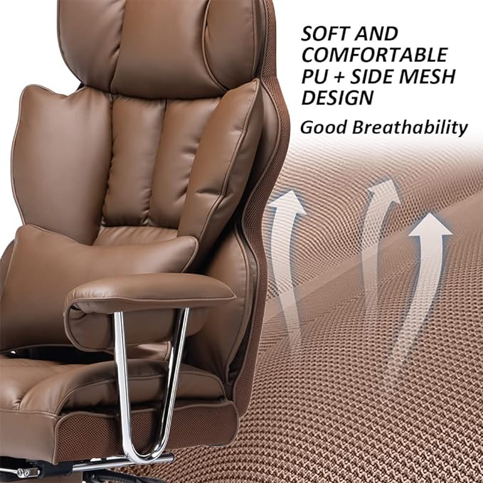 Efomao Desk Office Chair,High Back Office Chair,PU Leather Office Chair, Executive Office Chair, Reclining Office Chair,Swivel Brown Office Chair with Lumbar Support and Leg Rest