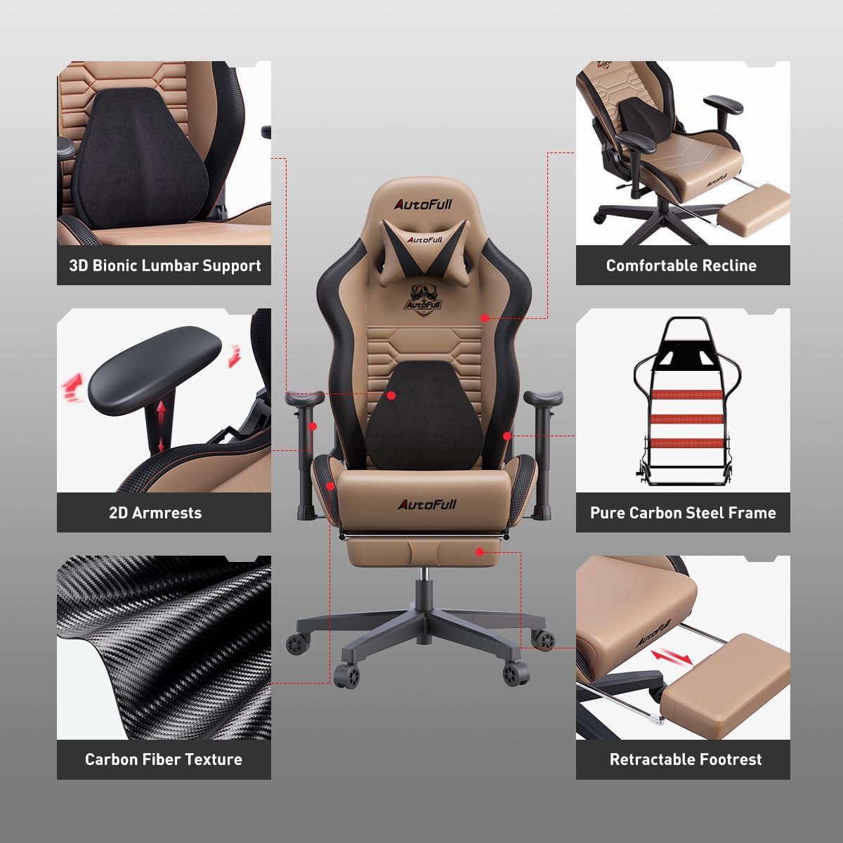 C3 Gaming Chair Office Chair PC Chair with Ergonomics Lumbar Support, Racing Style PU Leather High Back Adjustable Swivel Task Chair with Footrest (Brown)