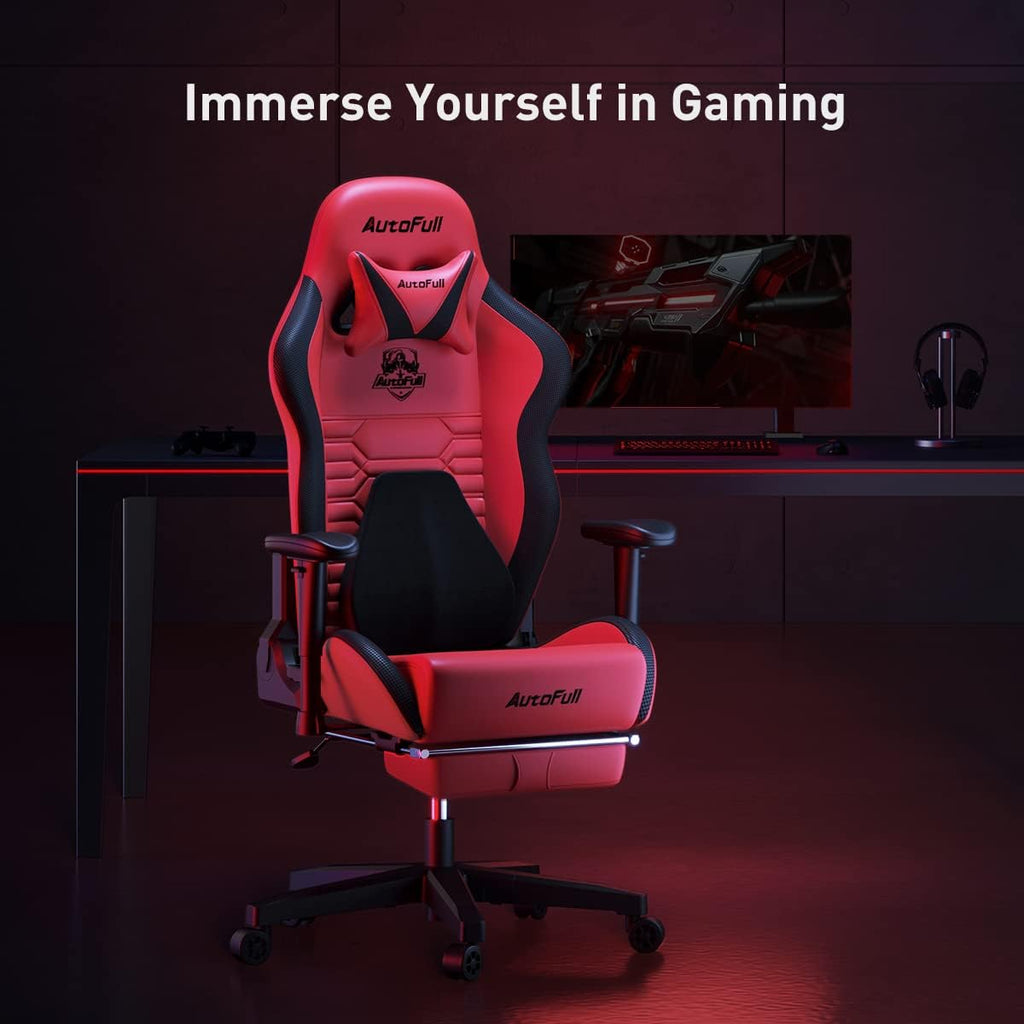 C3 Gaming Chair Office Chair PC Chair with Ergonomics Lumbar Support, Racing Style PU Leather High Back Adjustable Swivel Task Chair with Footrest (Red)