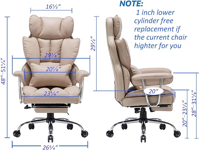 Efomao Desk Office Chair,Big High Back Chair,PU Leather Office Chair, Computer Chair,Executive Office Chair, Swivel Chair with Leg Rest and Lumbar Support,Dark Beige Office Chair
